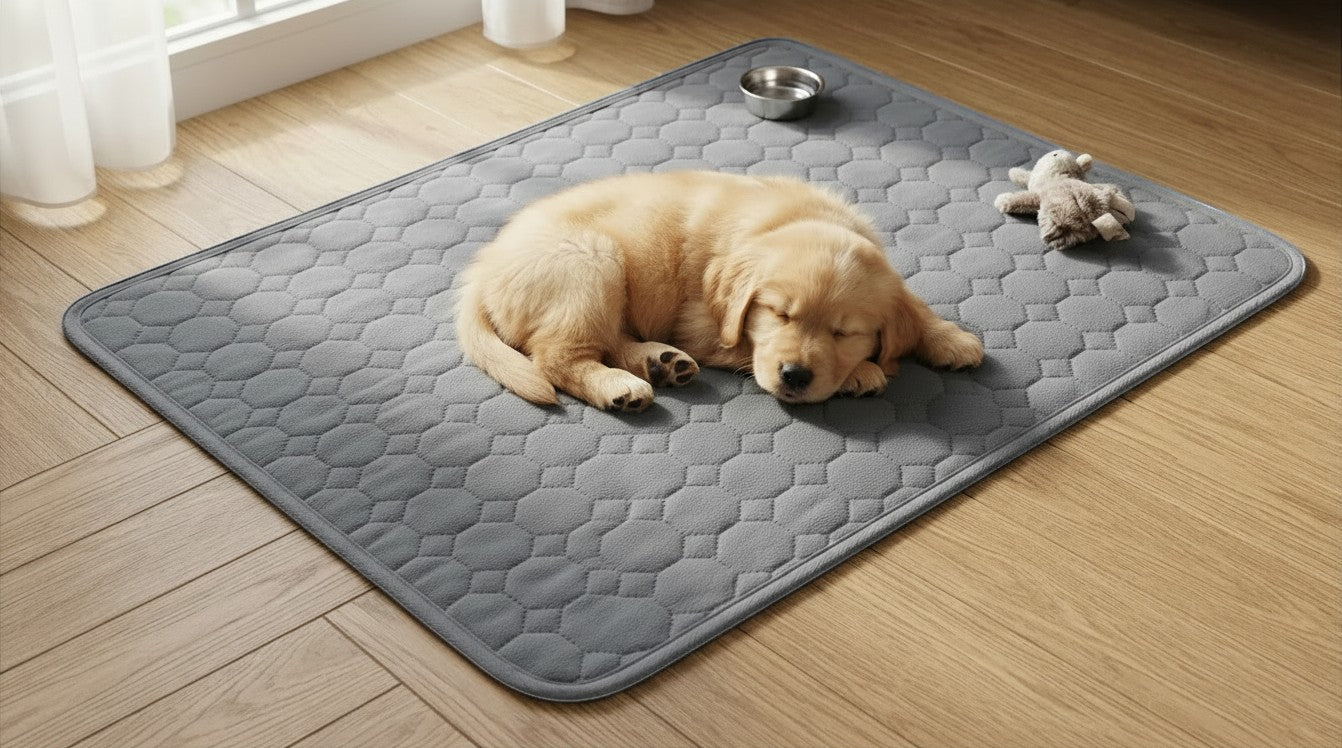 My Store 2 grey reusable puppy training pad with a golden retriever puppy sleeping on it on a wooden floor