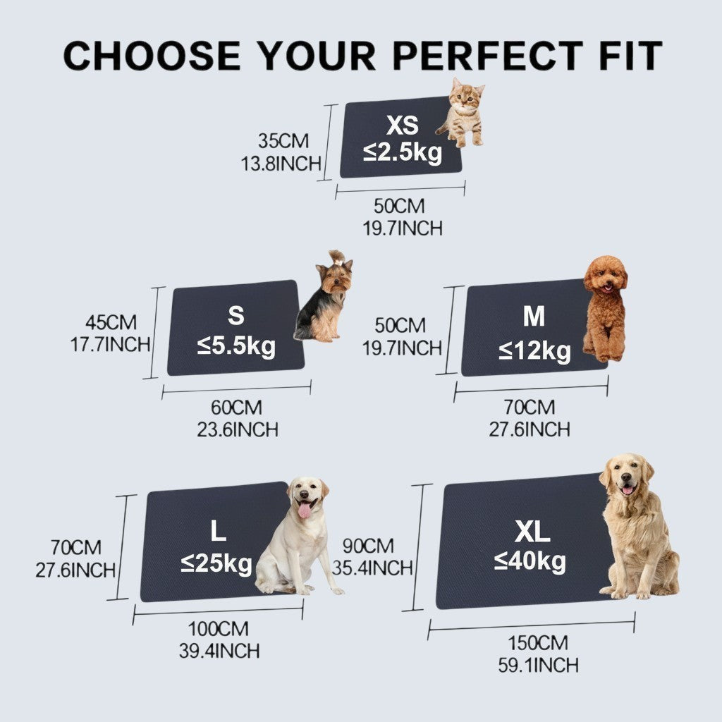 My Store 2 reusable puppy training pads size guide showing XS to XL dimensions and weight capacity for dog breeds