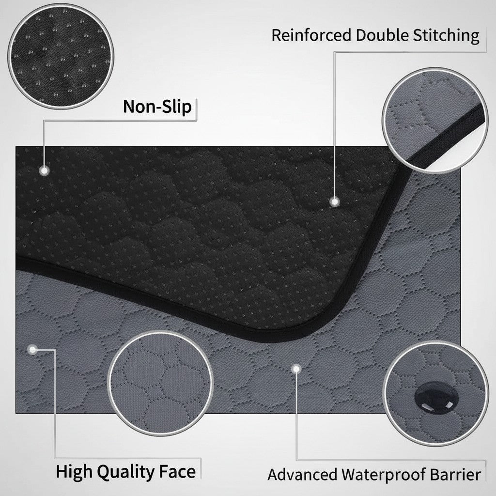 My Store 2 reusable grey puppy training pad showing non-slip backing, reinforced stitching, and waterproof layers.