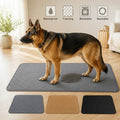 My Store 2 reusable puppy training pads in grey, tan, and black with a German Shepherd standing on a grey mat