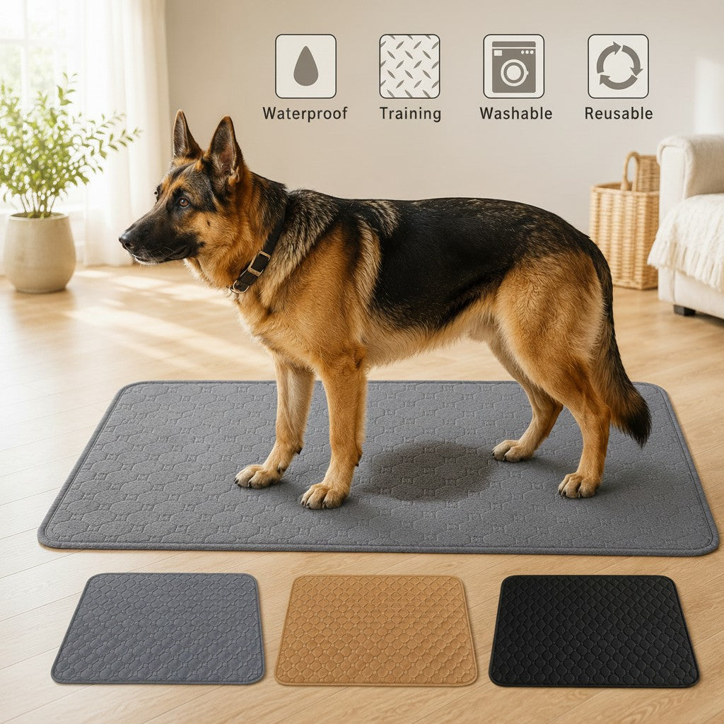 My Store 2 reusable puppy training pads in grey, tan, and black with a German Shepherd standing on a grey mat