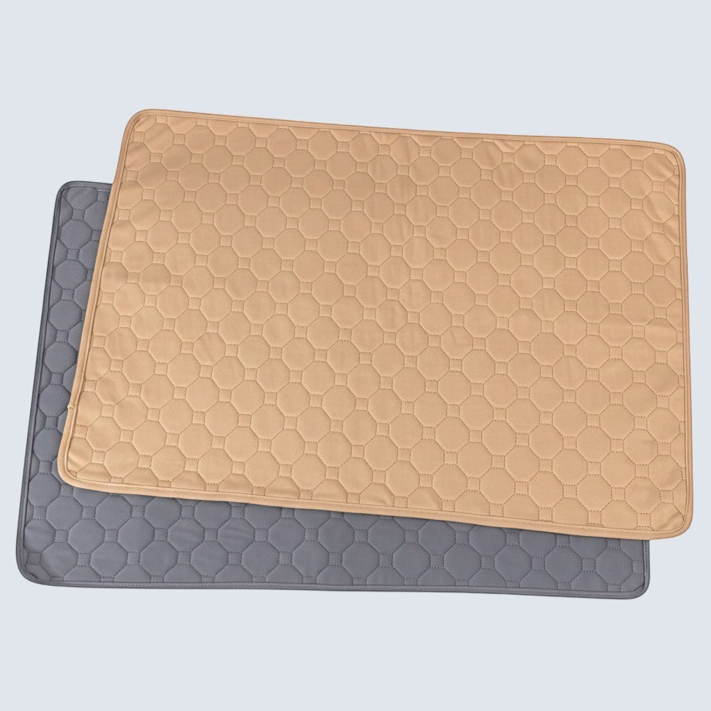 My Store 2 reusable puppy training pads in tan and grey with a quilted hexagonal pattern for superior absorption.